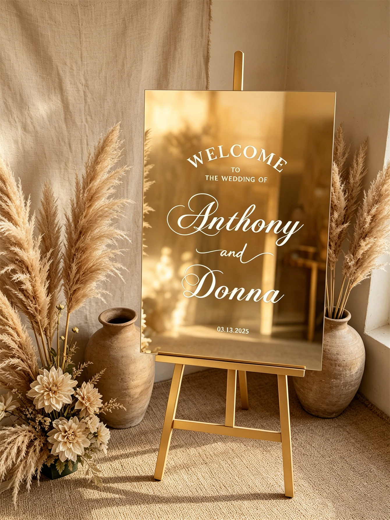 Mirror acrylic welcome signs, golden mirror wedding direction signs, custom wedding direction signs, ceremony welcome signs